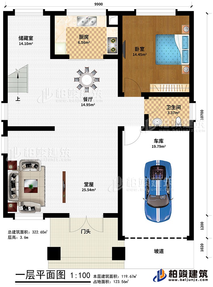 一层：门头、坡道、车库、堂屋、餐厅、卧室、公卫、厨房、储藏室