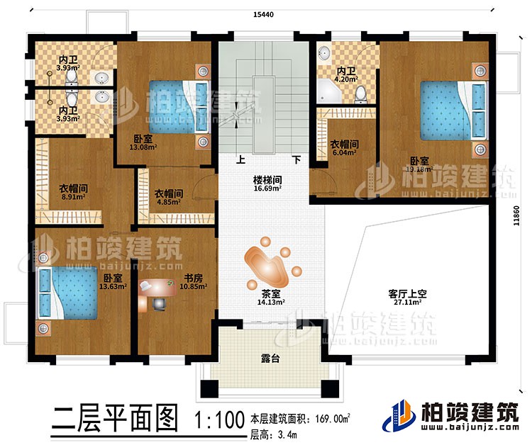 二层：茶室、楼梯间、客厅上空、3卧室、3衣帽间、书房、3内卫、露台